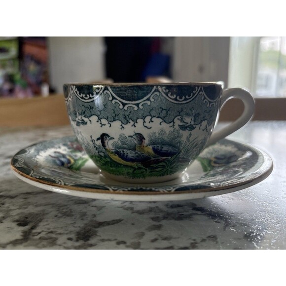 PV France Quimper Style Scenic Teacup Saucer Rare HTF Birds and Flowers SEE Pics - Picture 1 of 11